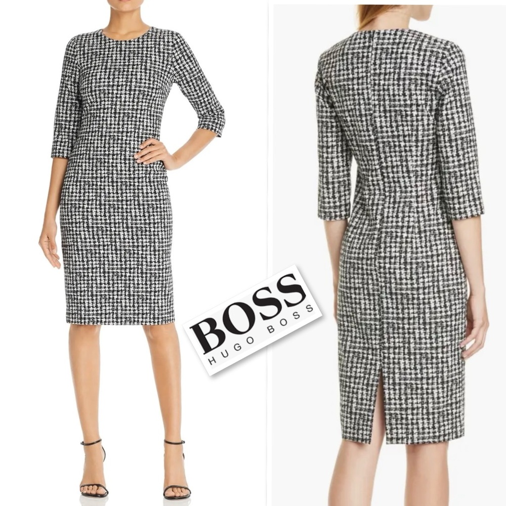 Hugo Boss Decka Houndstooth Sheath  Black/White 3/4 Sleeves Sheath Dress Size 6